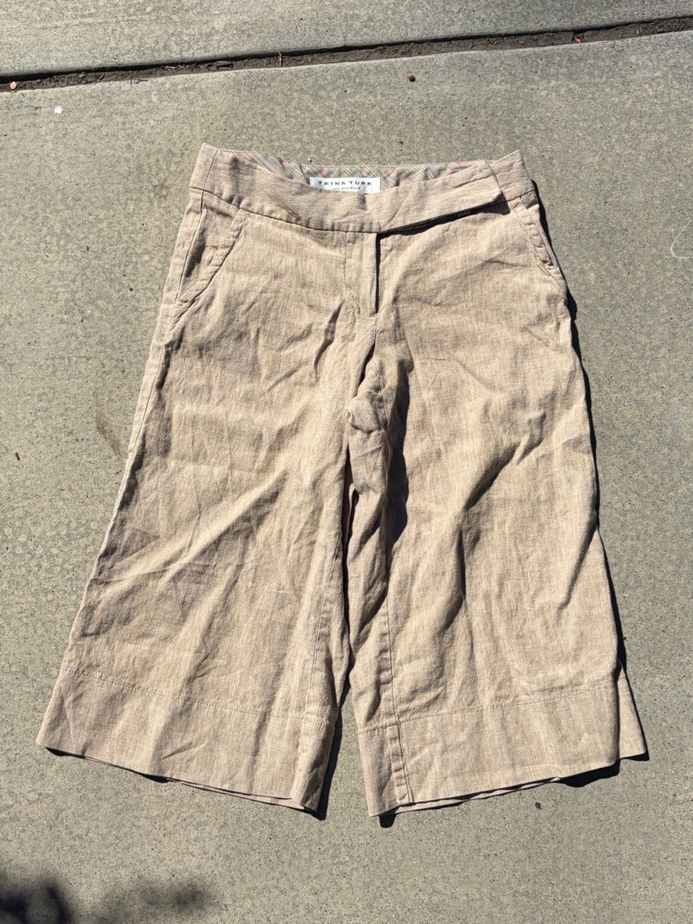 Trina Turk Beige Taupe Linen Pants with Subtle Plaid Detail